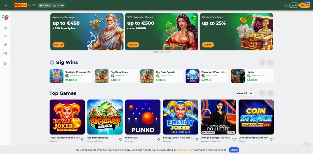 Página principal de Nomaspin Casino